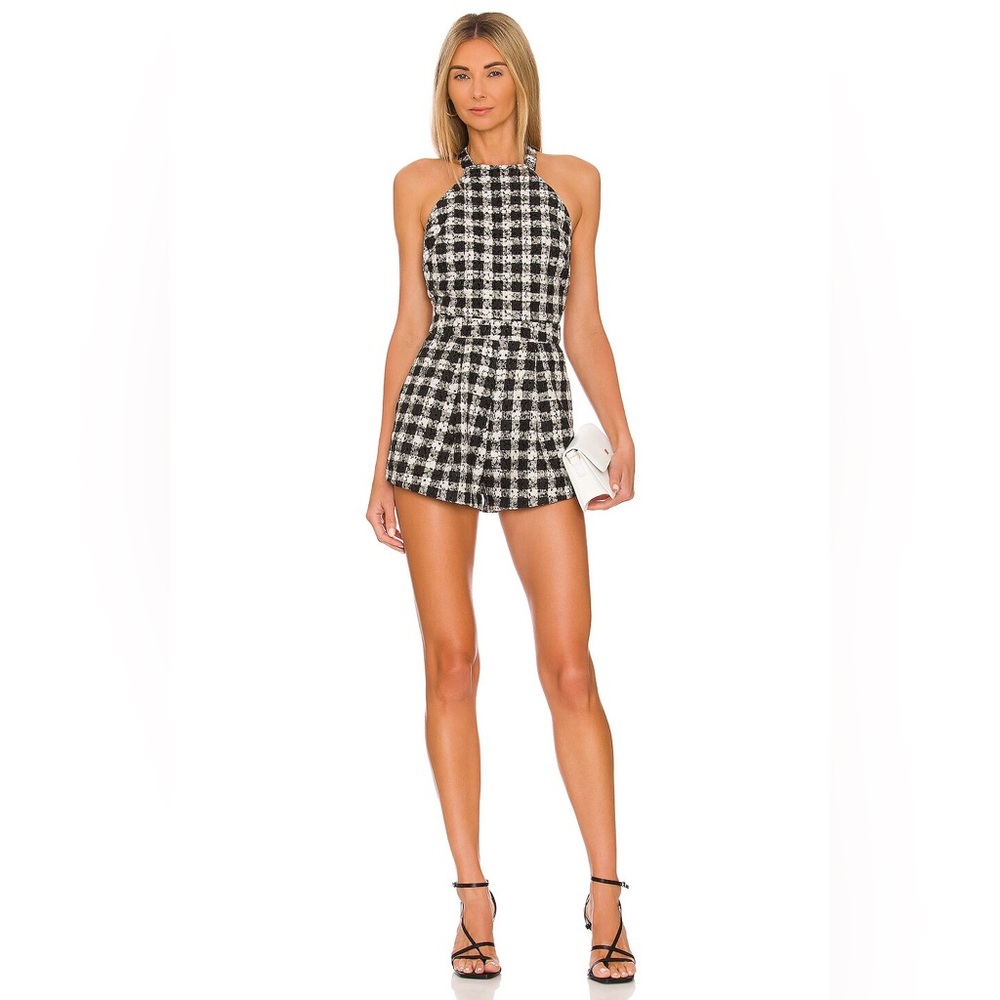 Lovers + Friends Winnie Romper Black Ivory Gingham Plaid Halter Size Small